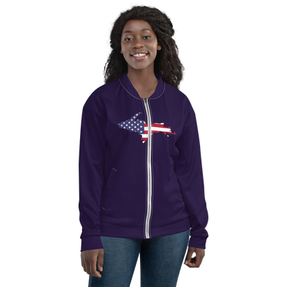 Michigan Upper Peninsula Bomber Jacket (w/ Large UP USA Flag Outline) | Blackcurrant Color