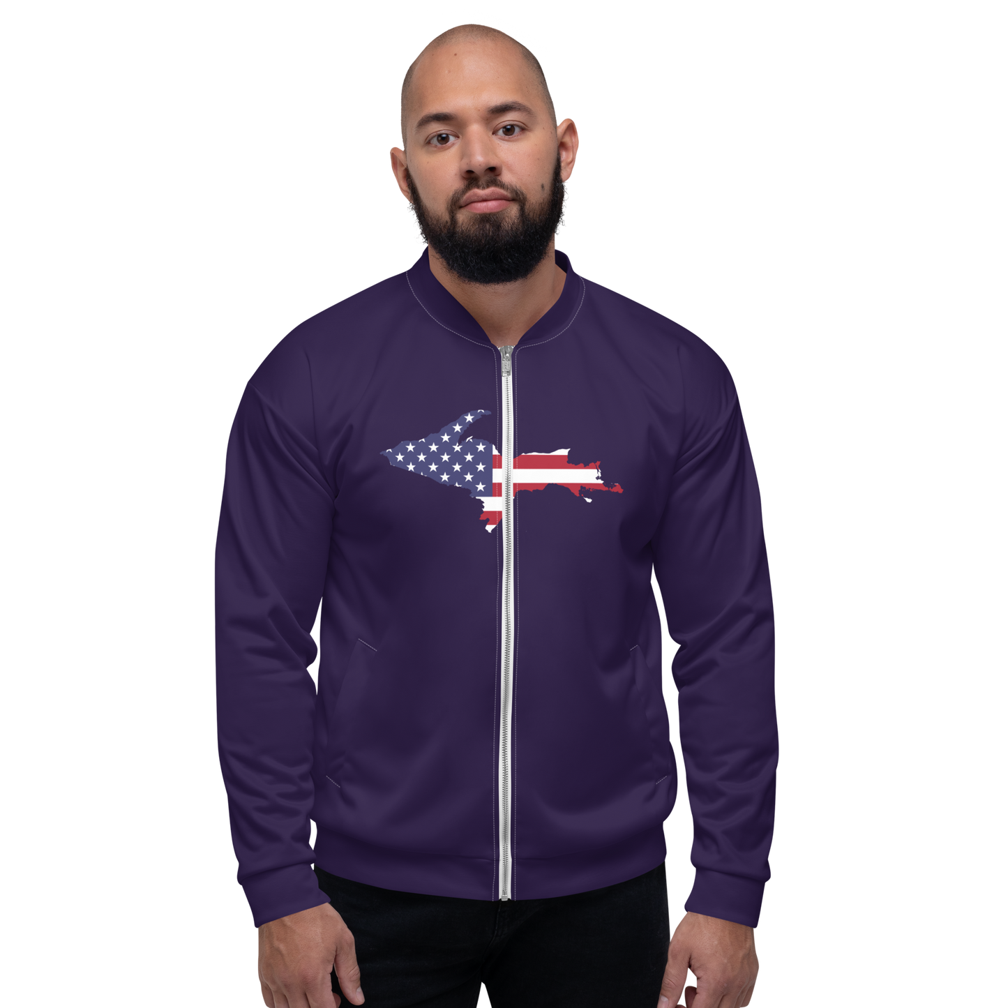 Michigan Upper Peninsula Bomber Jacket (w/ Large UP USA Flag Outline) | Blackcurrant Color