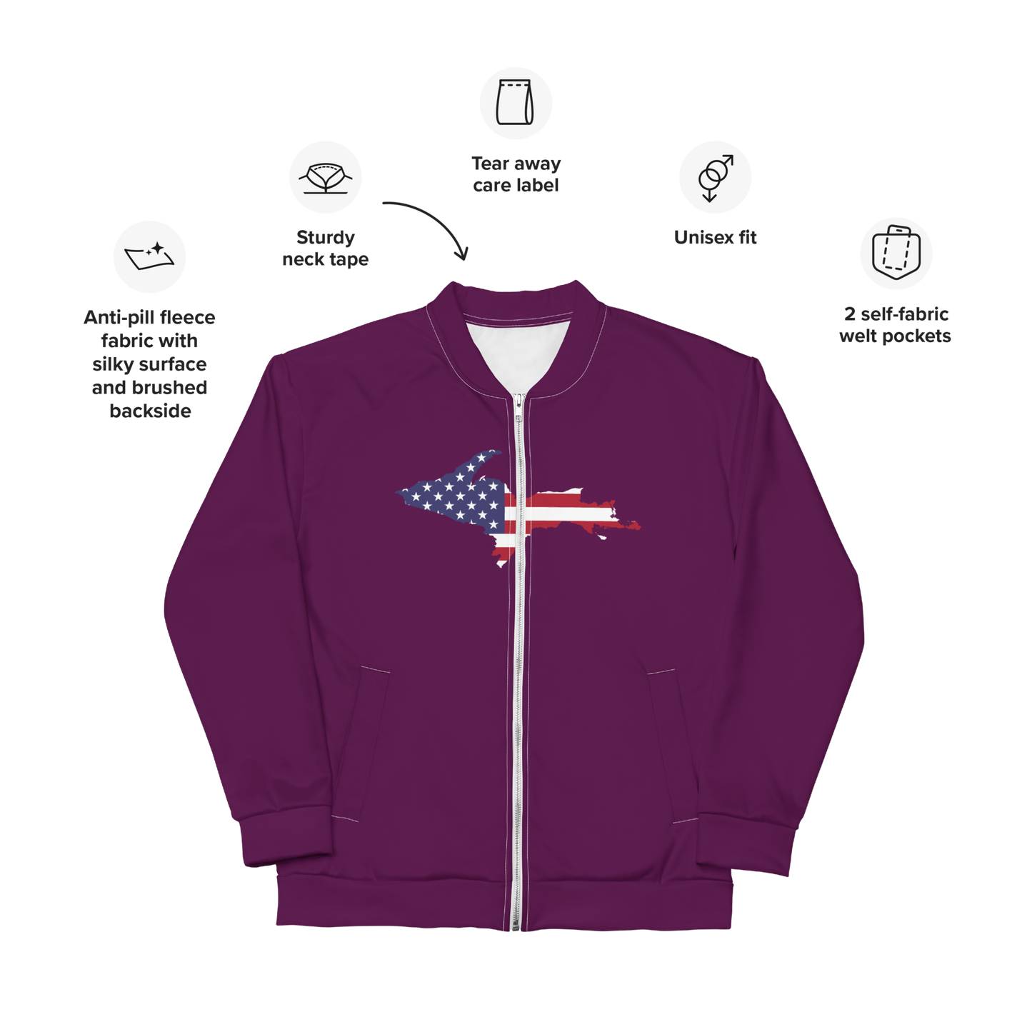 Michigan Upper Peninsula Bomber Jacket (w/ Large UP USA Flag Outline) | Tyrian Purple