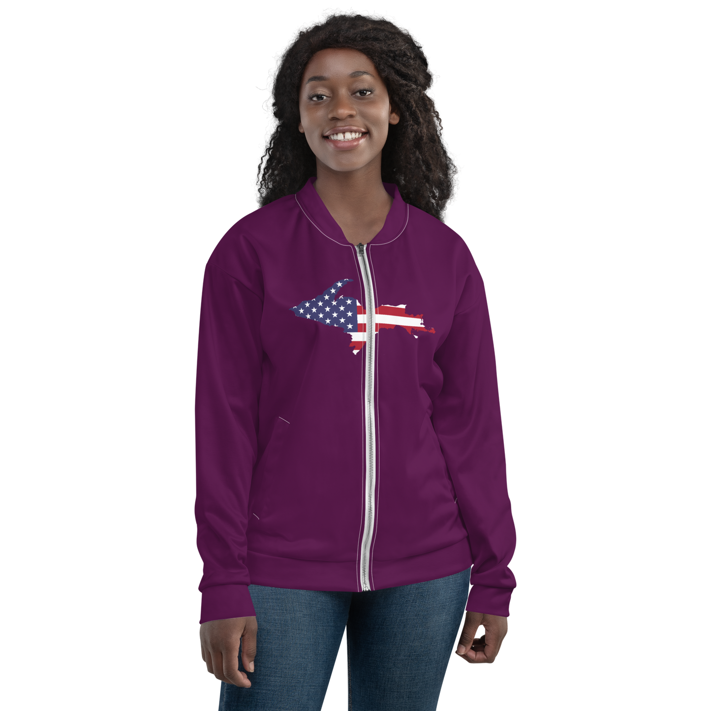 Michigan Upper Peninsula Bomber Jacket (w/ Large UP USA Flag Outline) | Tyrian Purple