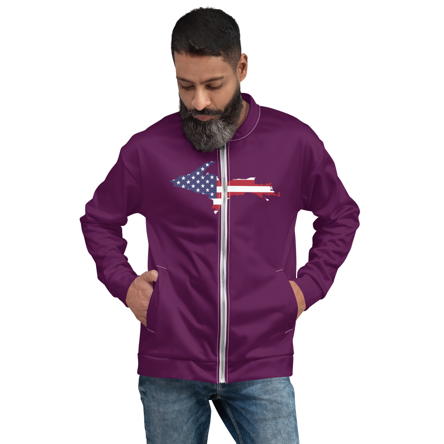 Michigan Upper Peninsula Bomber Jacket (w/ Large UP USA Flag Outline) | Tyrian Purple