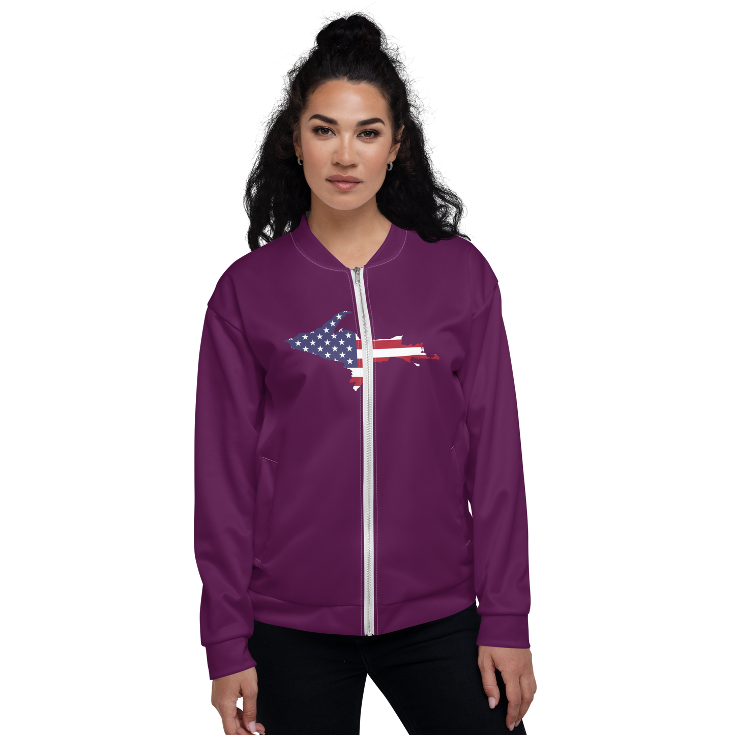 Michigan Upper Peninsula Bomber Jacket (w/ Large UP USA Flag Outline) | Tyrian Purple