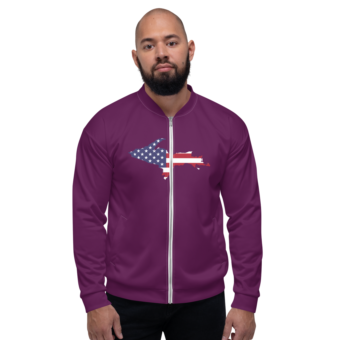 Michigan Upper Peninsula Bomber Jacket (w/ Large UP USA Flag Outline) | Tyrian Purple