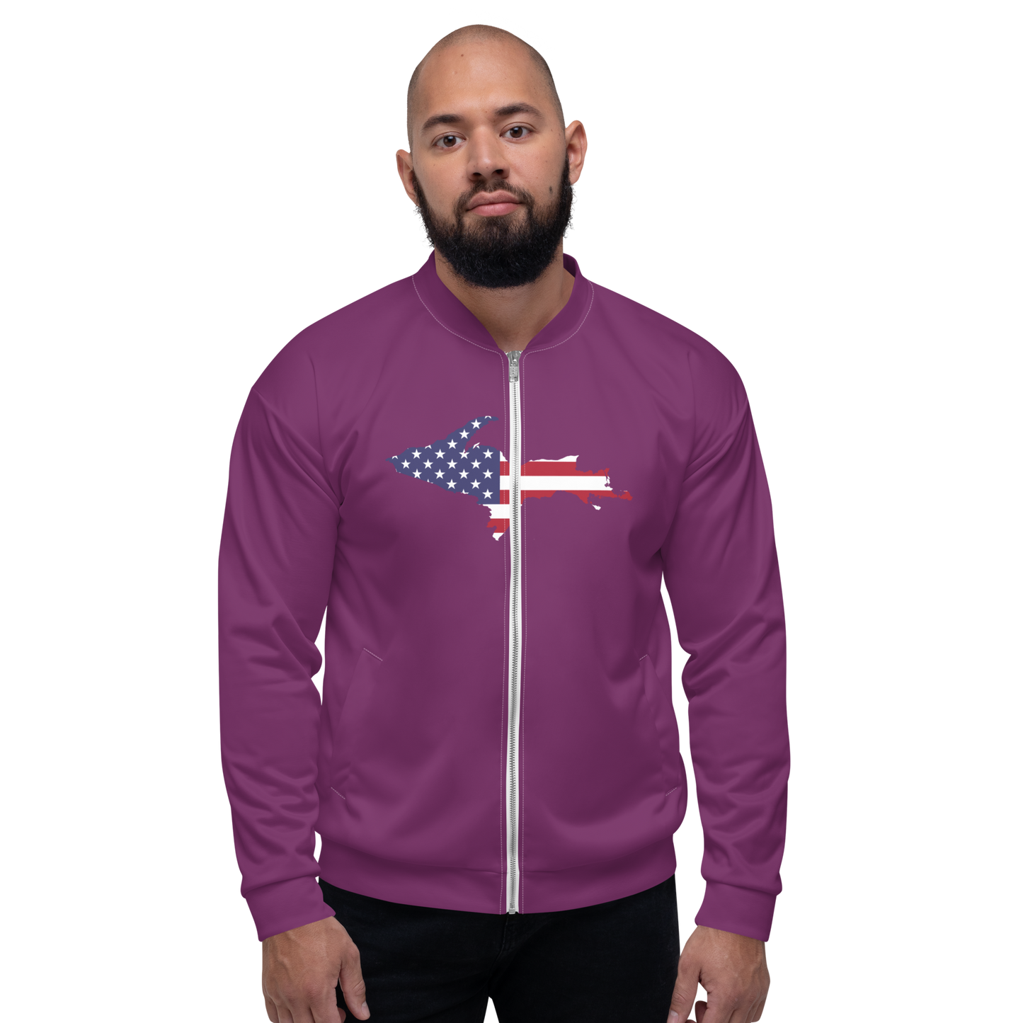 Michigan Upper Peninsula Bomber Jacket (w/ Large UP USA Flag Outline) | Plum