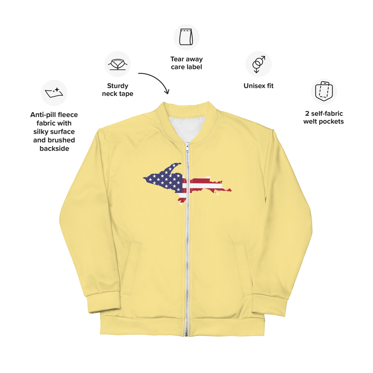 Michigan Upper Peninsula Bomber Jacket (w/ Large UP USA Flag Outline) | Cherry Yellow