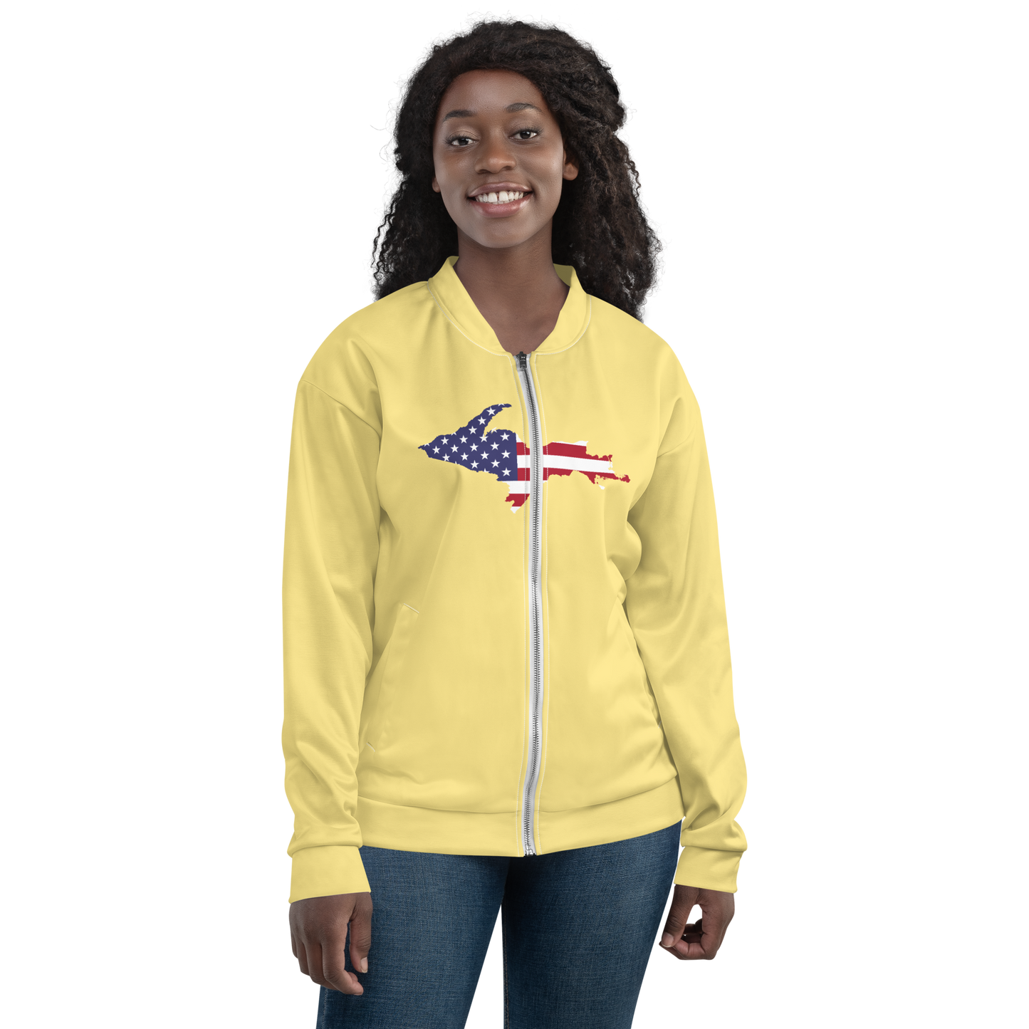 Michigan Upper Peninsula Bomber Jacket (w/ Large UP USA Flag Outline) | Cherry Yellow