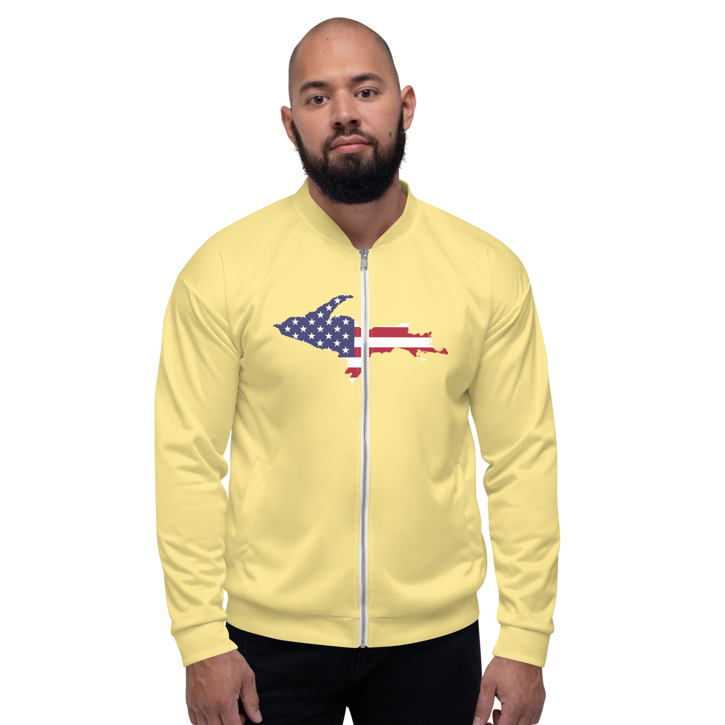 Michigan Upper Peninsula Bomber Jacket (w/ Large UP USA Flag Outline) | Cherry Yellow