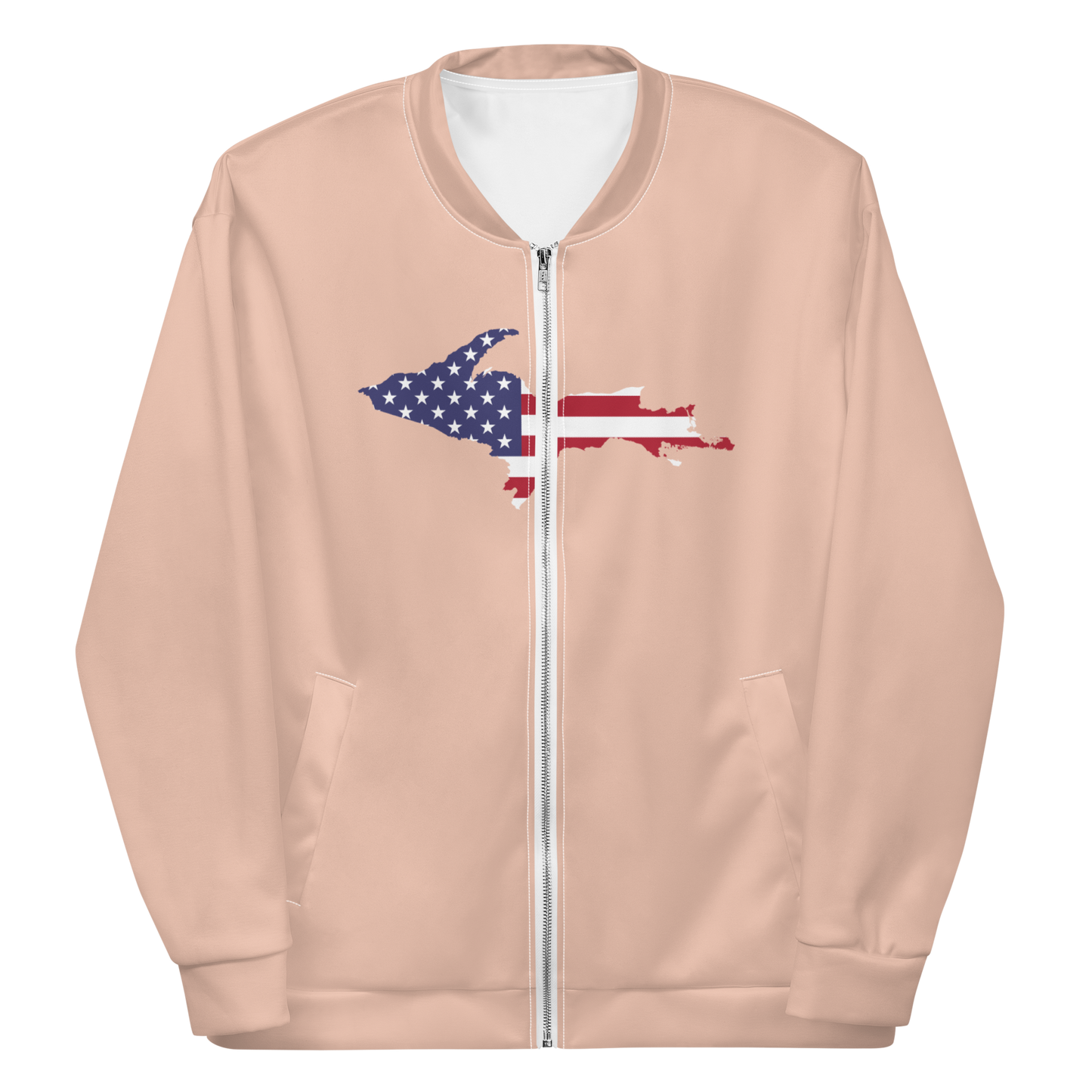 Michigan Upper Peninsula Bomber Jacket (w/ Large UP USA Flag Outline) | Zinnwaldite Pink