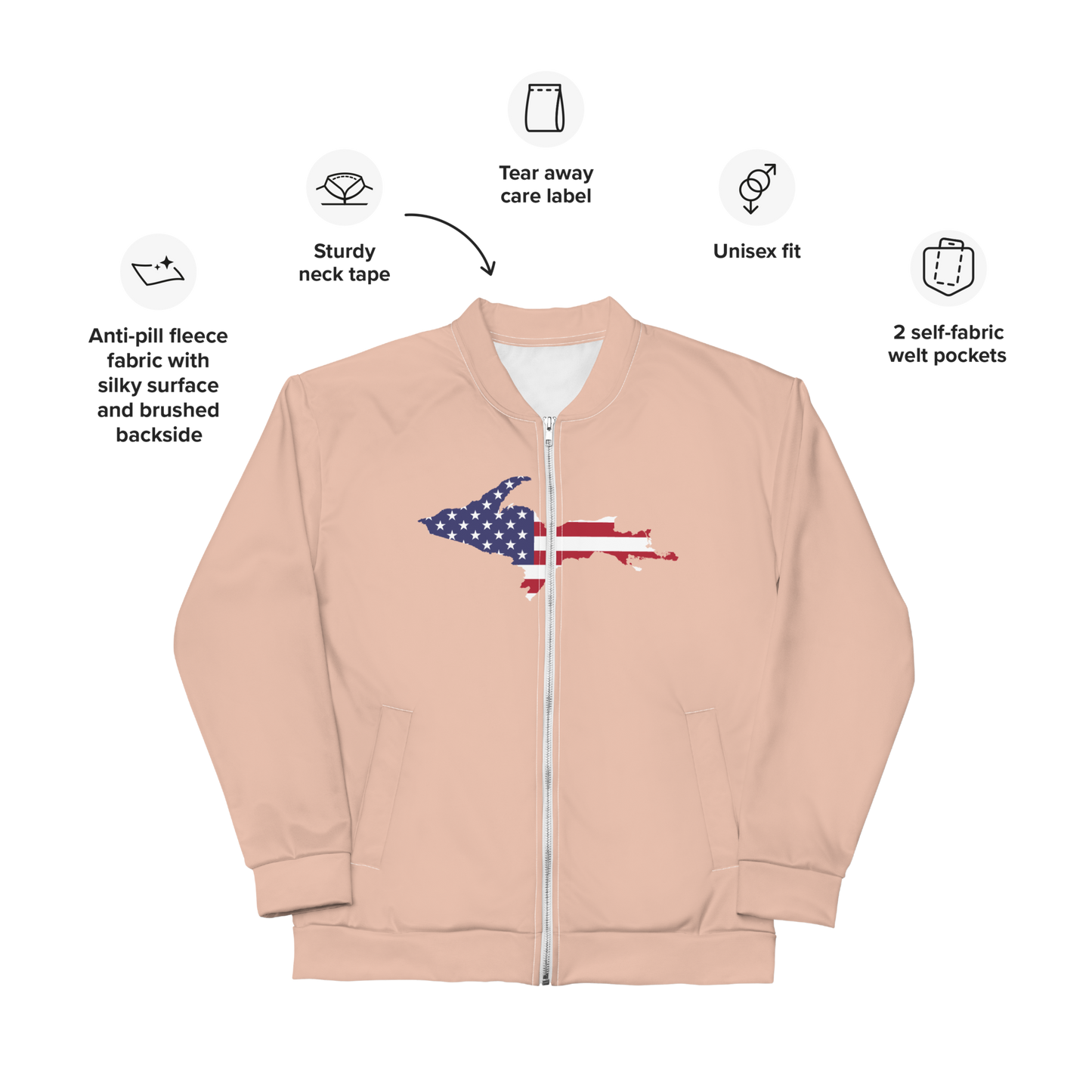 Michigan Upper Peninsula Bomber Jacket (w/ Large UP USA Flag Outline) | Zinnwaldite Pink