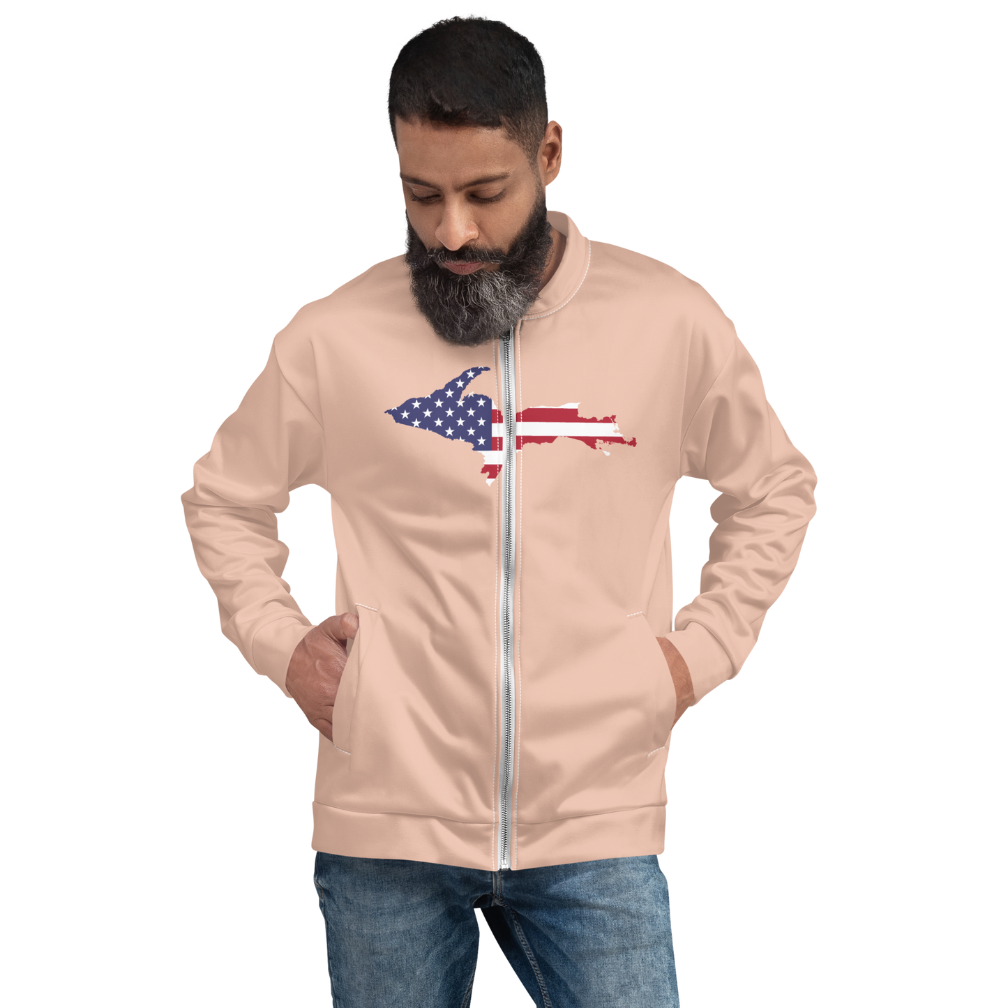 Michigan Upper Peninsula Bomber Jacket (w/ Large UP USA Flag Outline) | Zinnwaldite Pink