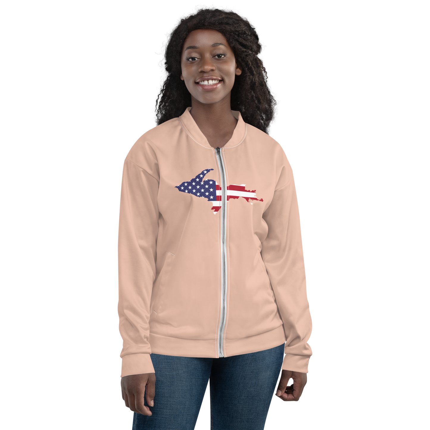 Michigan Upper Peninsula Bomber Jacket (w/ Large UP USA Flag Outline) | Zinnwaldite Pink