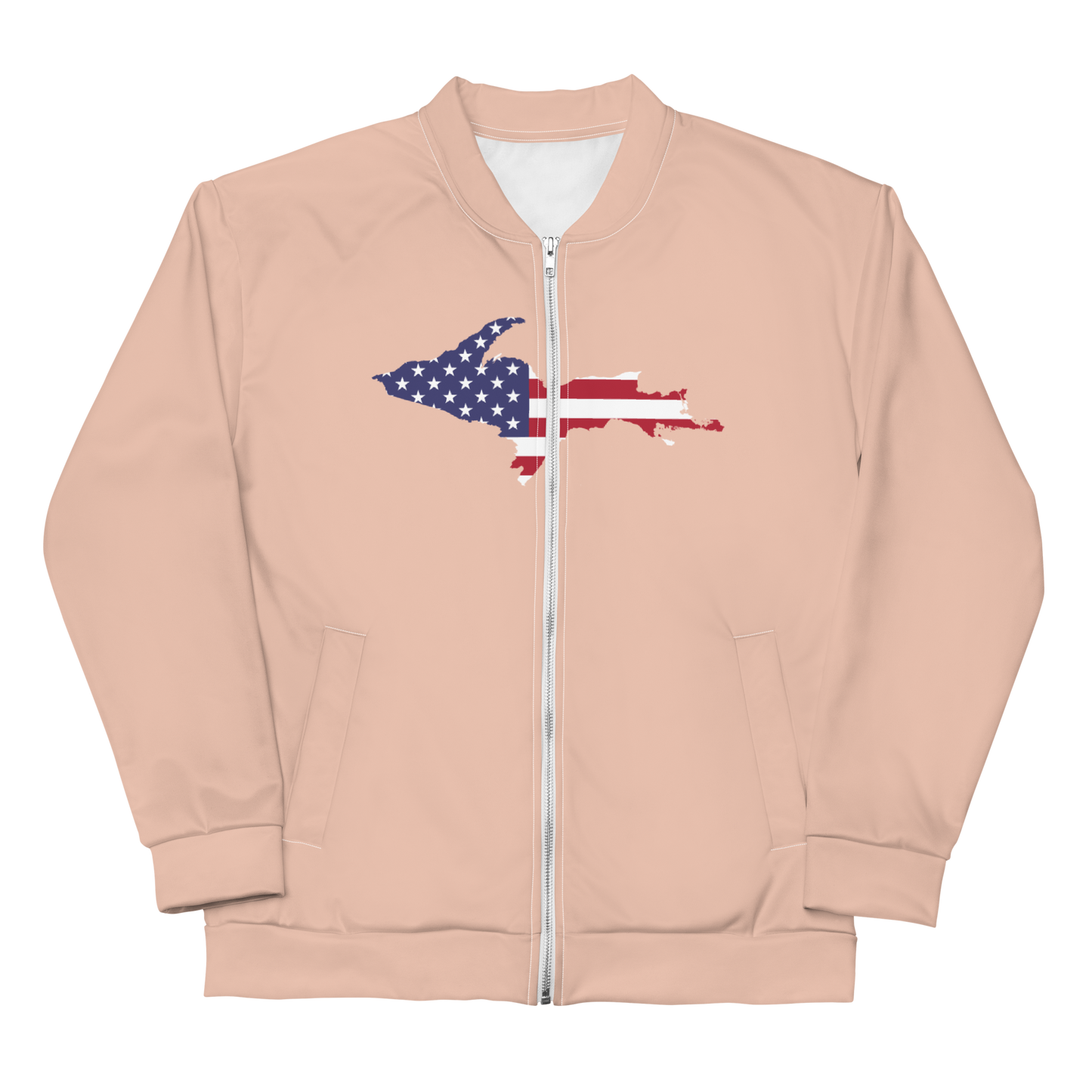 Michigan Upper Peninsula Bomber Jacket (w/ Large UP USA Flag Outline) | Zinnwaldite Pink