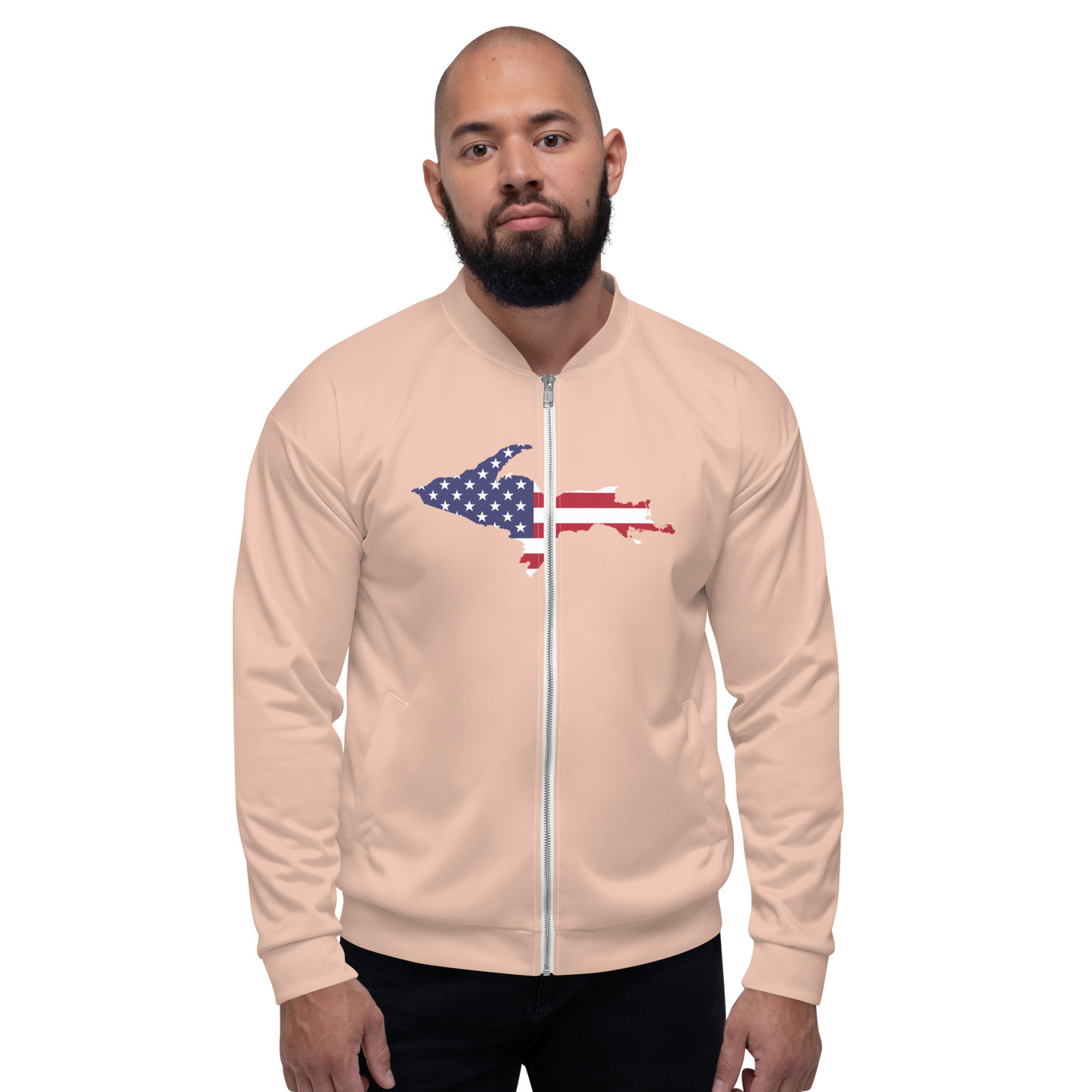 Michigan Upper Peninsula Bomber Jacket (w/ Large UP USA Flag Outline) | Zinnwaldite Pink