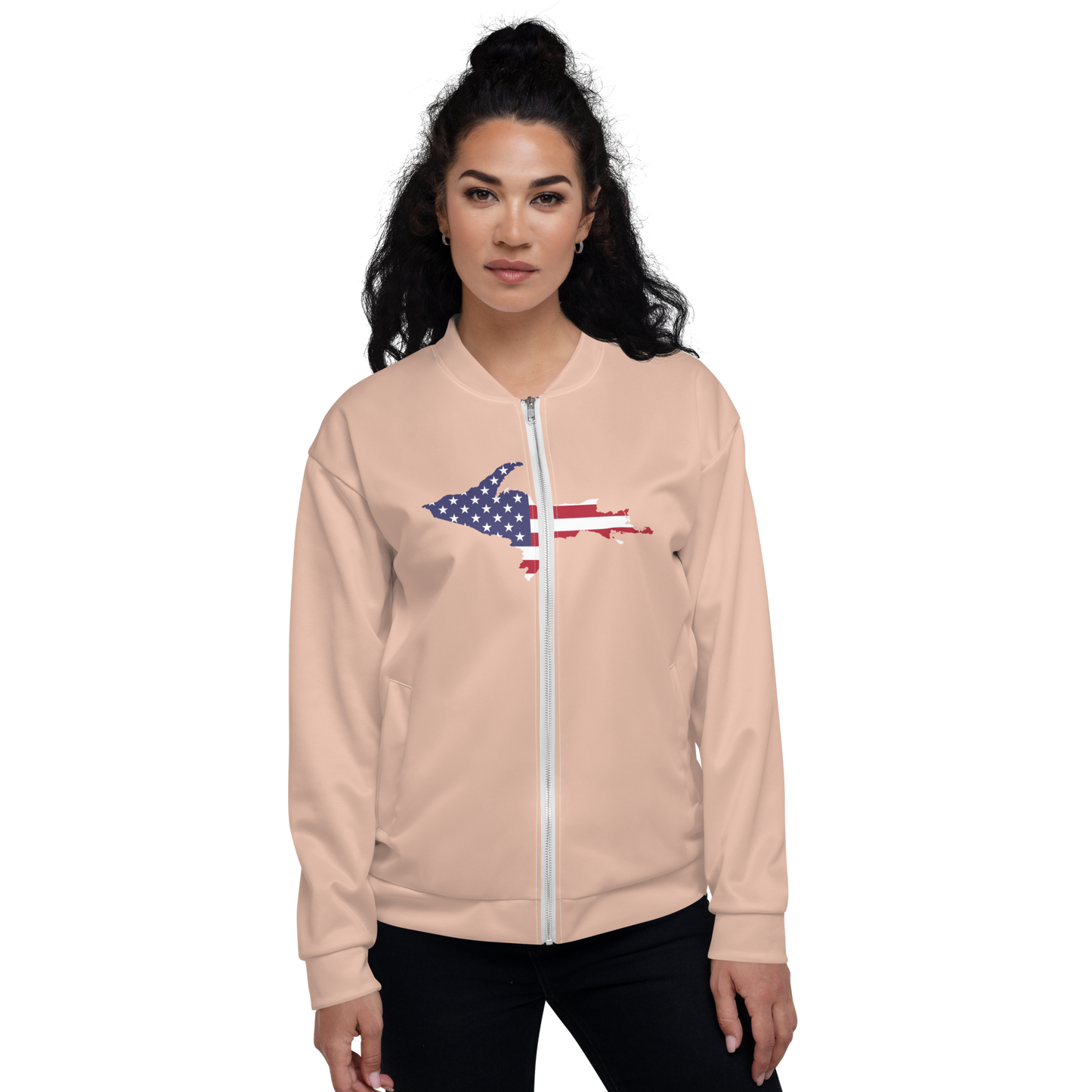 Michigan Upper Peninsula Bomber Jacket (w/ Large UP USA Flag Outline) | Zinnwaldite Pink