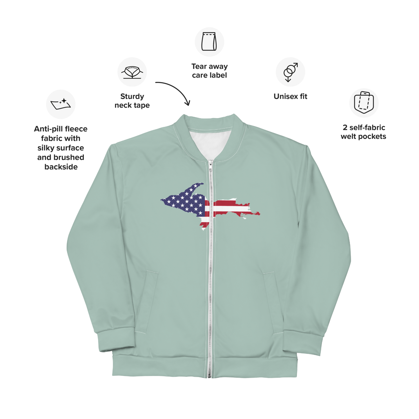 Michigan Upper Peninsula Bomber Jacket (w/ Large UP USA Flag Outline) | Opal Color