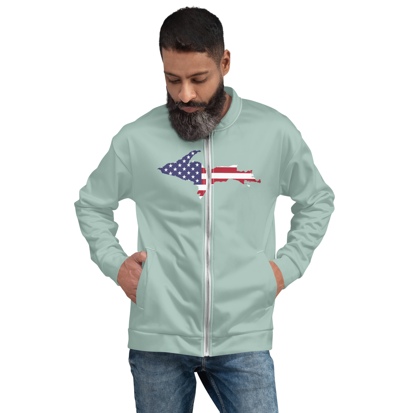 Michigan Upper Peninsula Bomber Jacket (w/ Large UP USA Flag Outline) | Opal Color