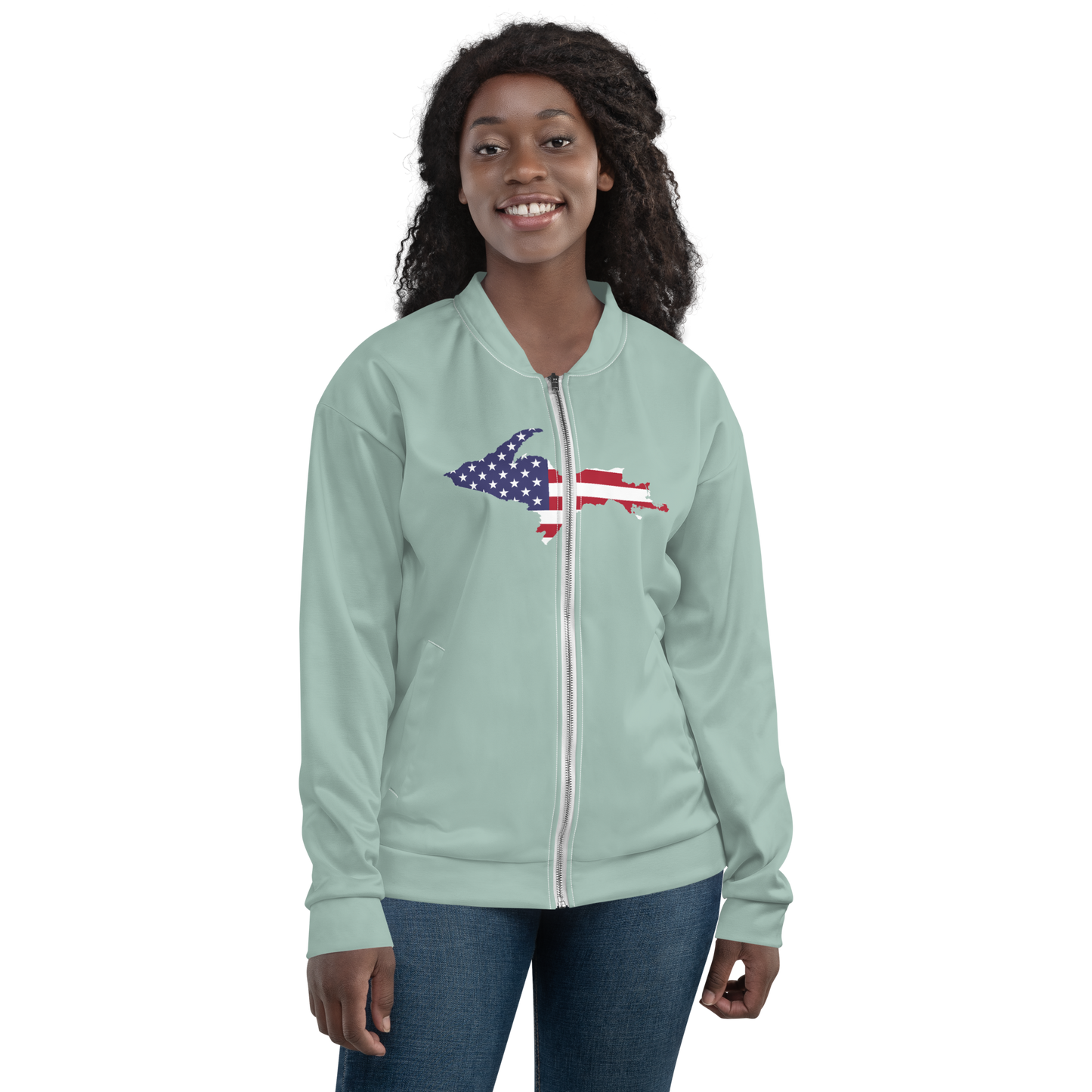 Michigan Upper Peninsula Bomber Jacket (w/ Large UP USA Flag Outline) | Opal Color