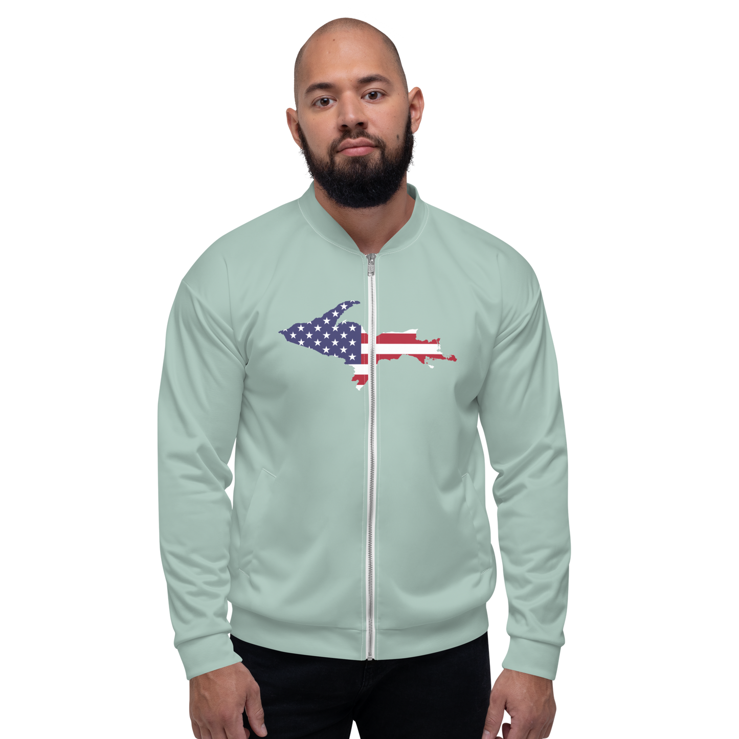 Michigan Upper Peninsula Bomber Jacket (w/ Large UP USA Flag Outline) | Opal Color