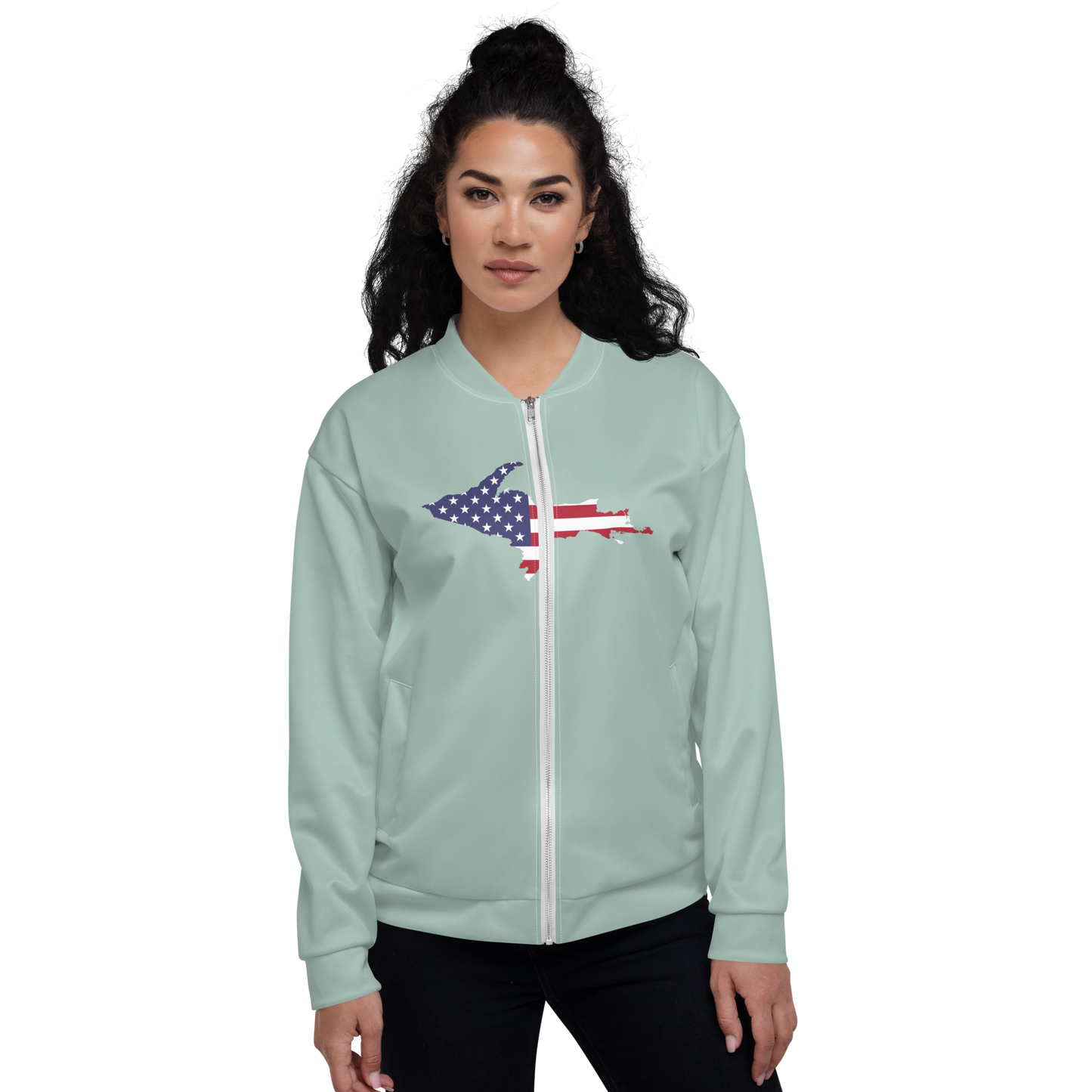 Michigan Upper Peninsula Bomber Jacket (w/ Large UP USA Flag Outline) | Opal Color