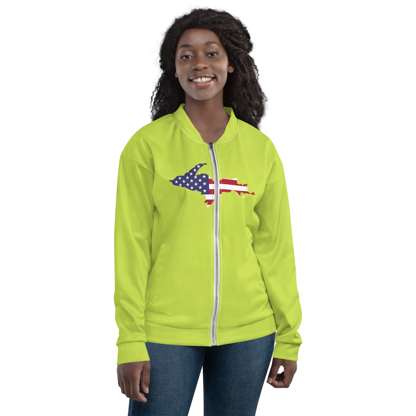 Michigan Upper Peninsula Bomber Jacket (w/ Large UP USA Flag Outline) | Gooseberry Green