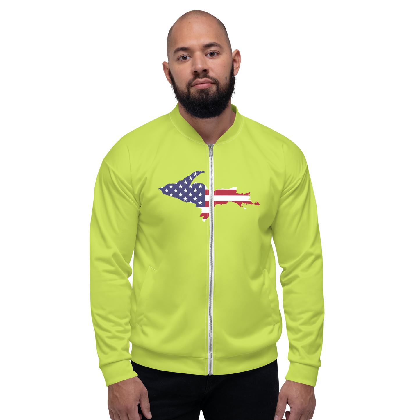 Michigan Upper Peninsula Bomber Jacket (w/ Large UP USA Flag Outline) | Gooseberry Green