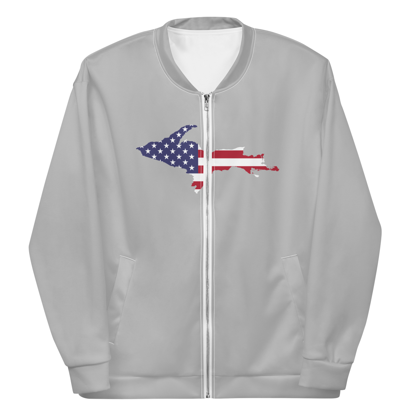 Michigan Upper Peninsula Bomber Jacket (w/ Large UP USA Flag Outline) | Silver