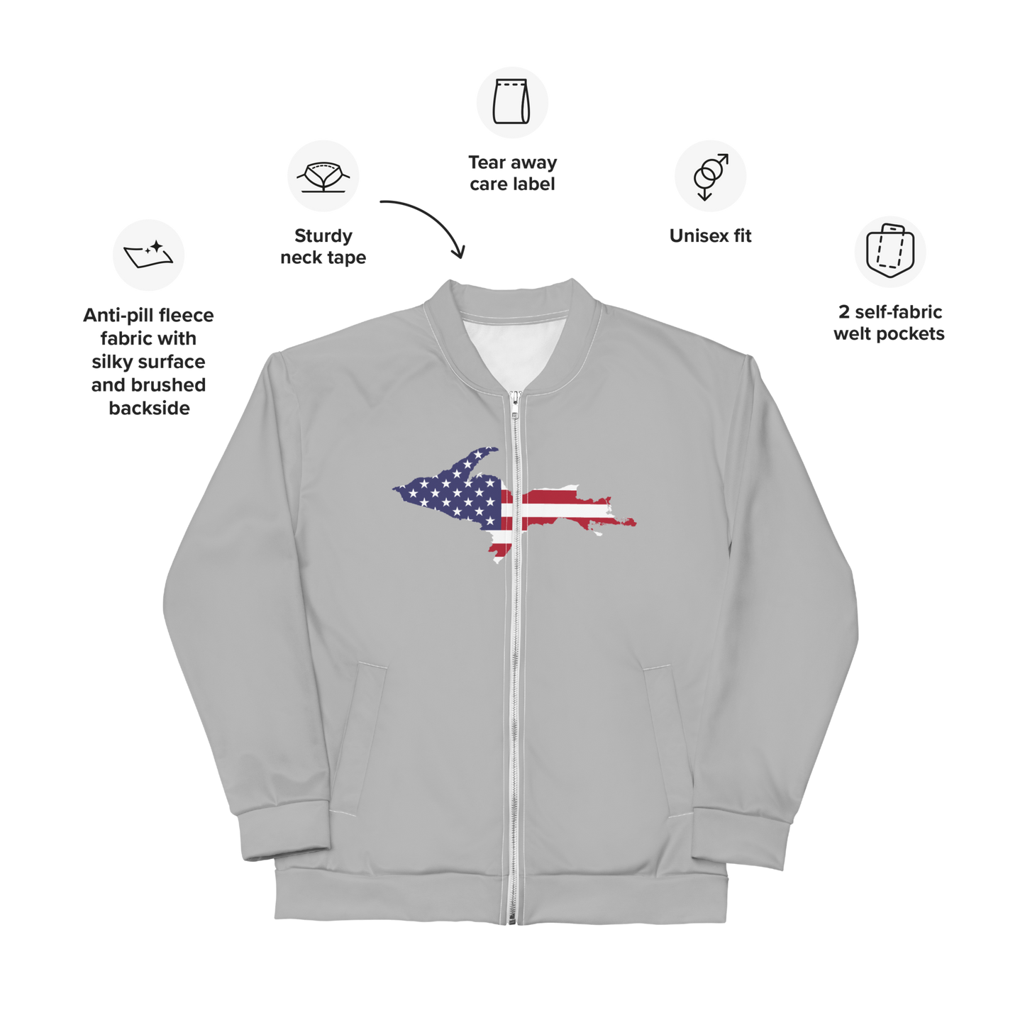 Michigan Upper Peninsula Bomber Jacket (w/ Large UP USA Flag Outline) | Silver