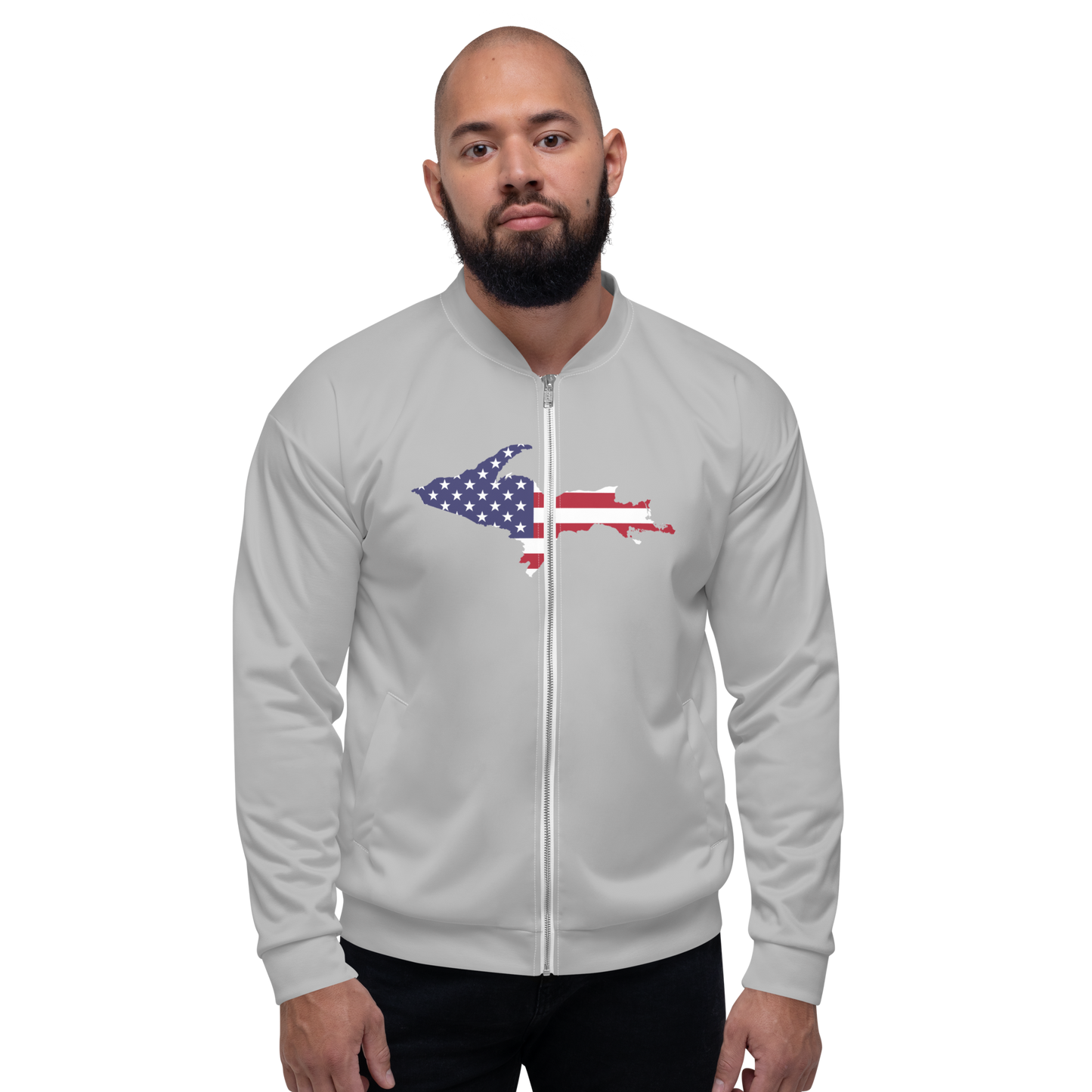 Michigan Upper Peninsula Bomber Jacket (w/ Large UP USA Flag Outline) | Silver