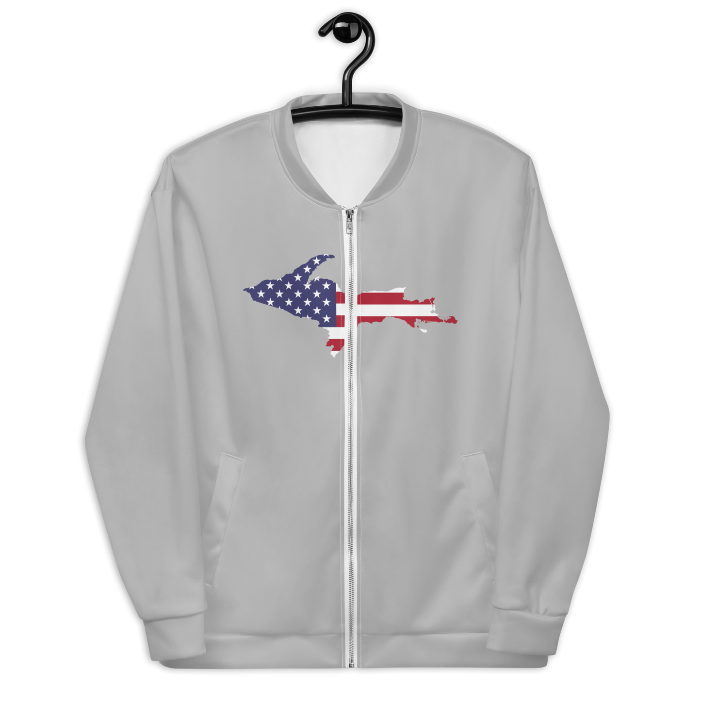 Michigan Upper Peninsula Bomber Jacket (w/ Large UP USA Flag Outline) | Silver