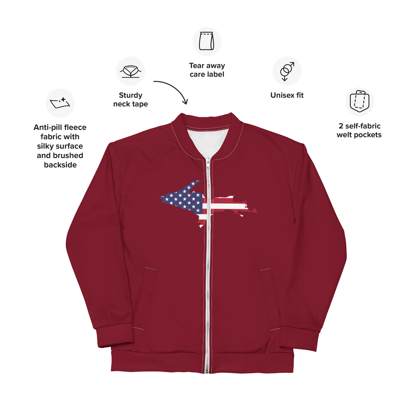 Michigan Upper Peninsula Bomber Jacket (w/ Large UP USA Flag Outline) | Burgundy