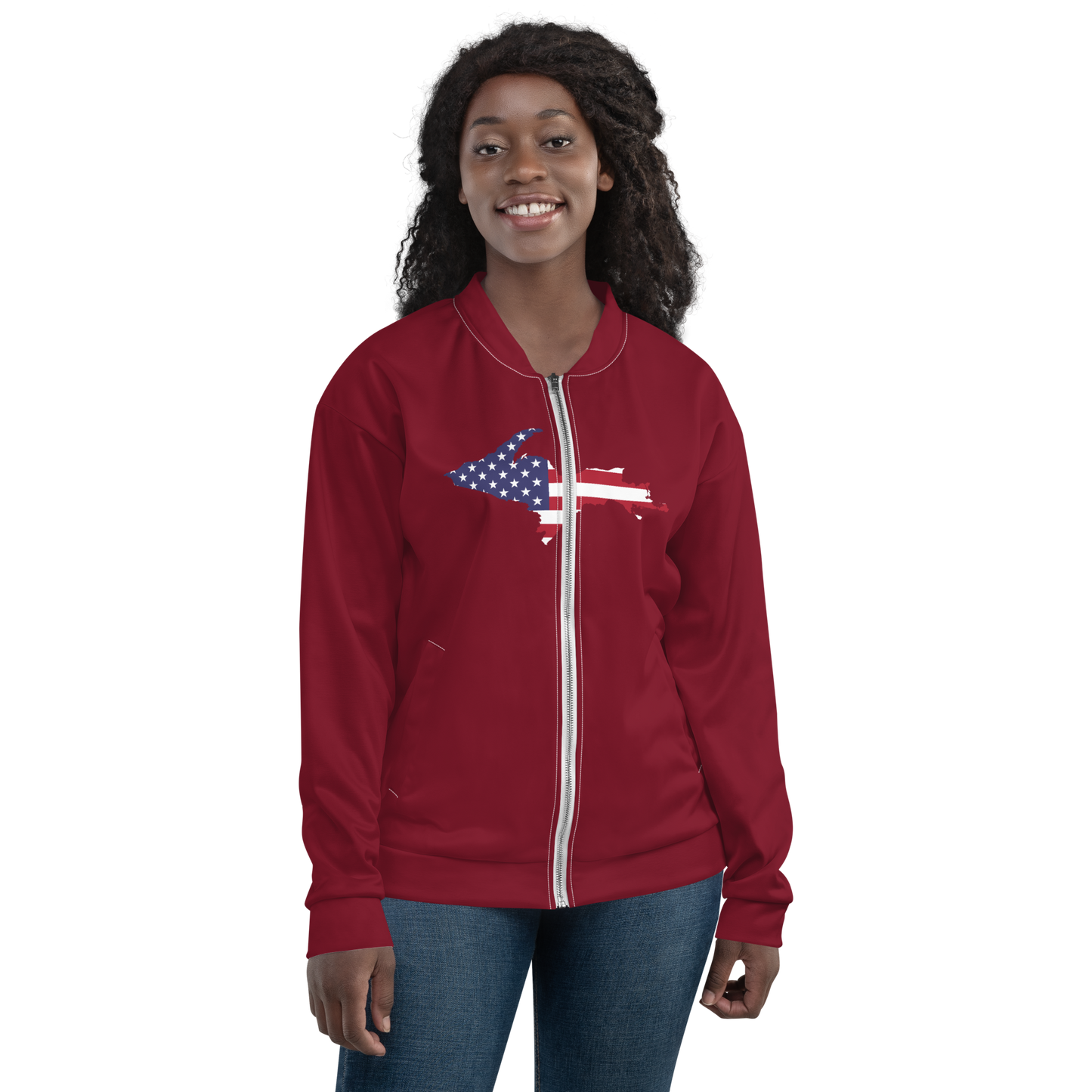 Michigan Upper Peninsula Bomber Jacket (w/ Large UP USA Flag Outline) | Burgundy