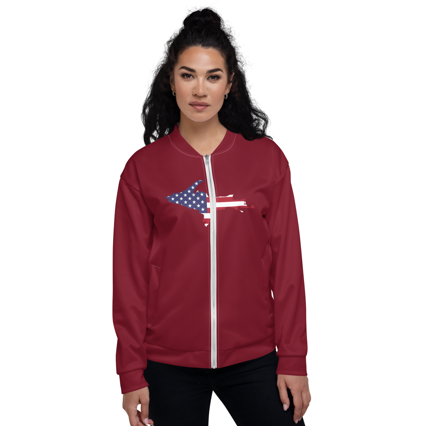 Michigan Upper Peninsula Bomber Jacket (w/ Large UP USA Flag Outline) | Burgundy