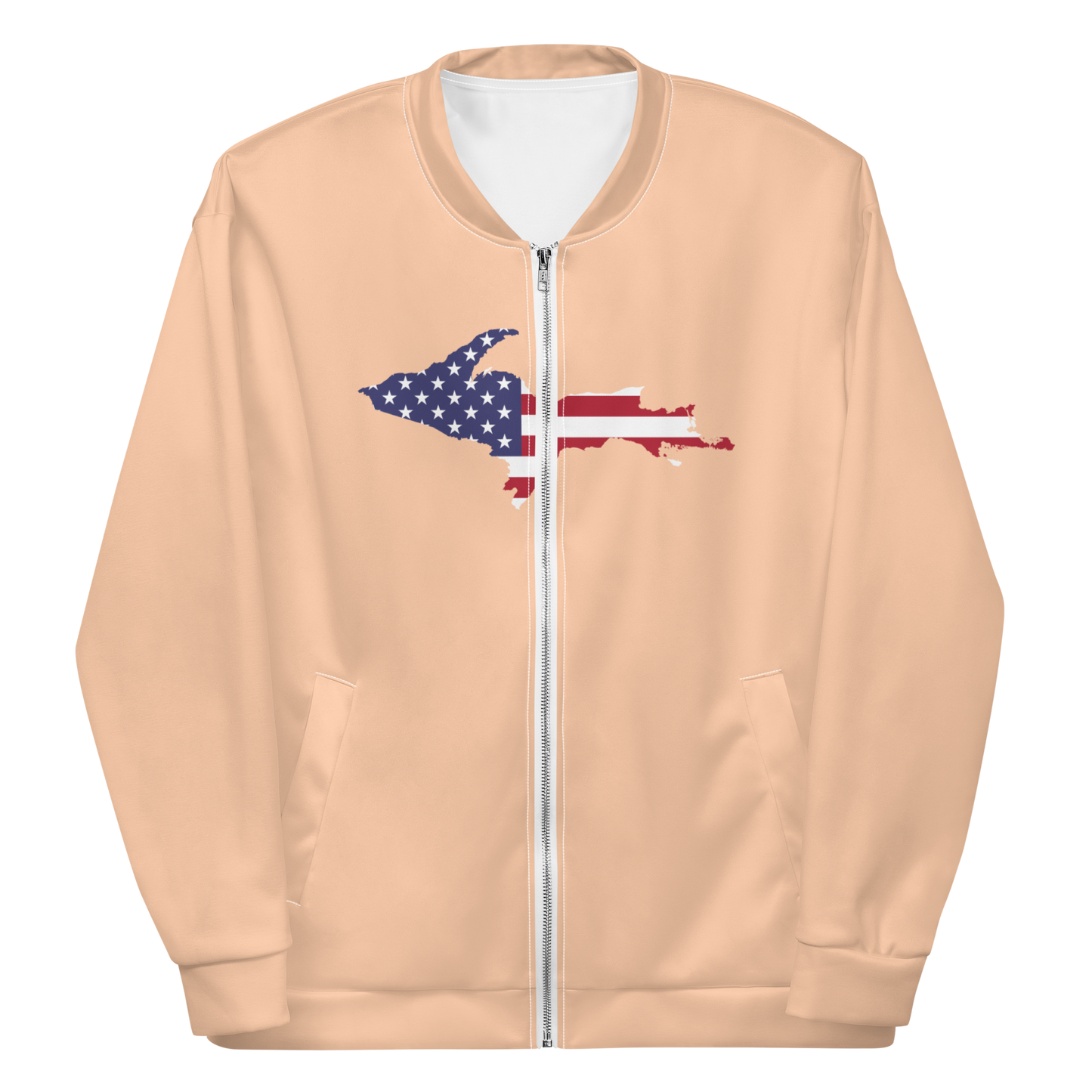 Michigan Upper Peninsula Bomber Jacket (w/ Large UP USA Flag Outline) | Peach Color