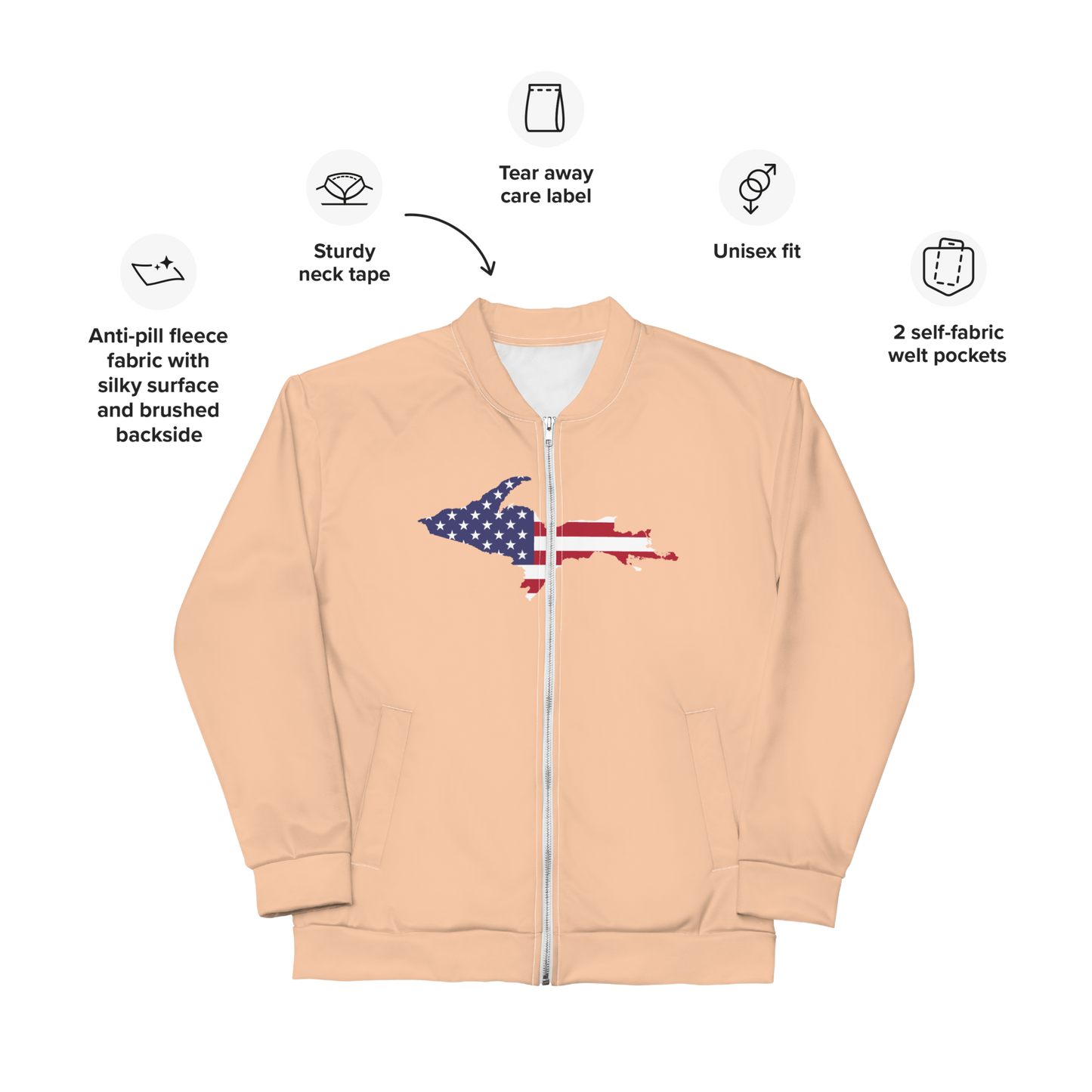 Michigan Upper Peninsula Bomber Jacket (w/ Large UP USA Flag Outline) | Peach Color