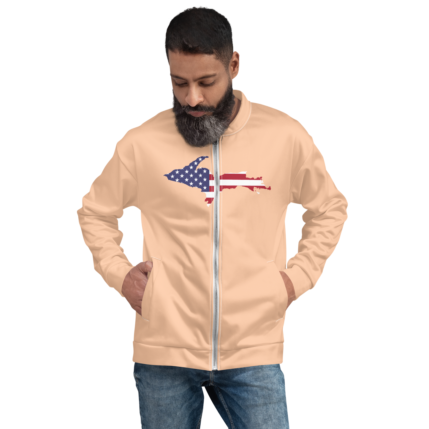 Michigan Upper Peninsula Bomber Jacket (w/ Large UP USA Flag Outline) | Peach Color