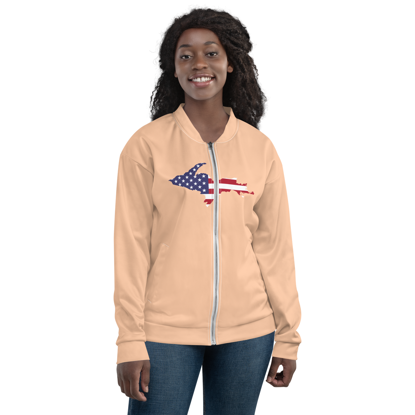 Michigan Upper Peninsula Bomber Jacket (w/ Large UP USA Flag Outline) | Peach Color