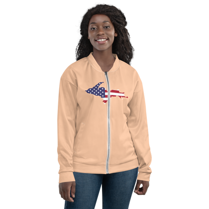 Michigan Upper Peninsula Bomber Jacket (w/ Large UP USA Flag Outline) | Peach Color