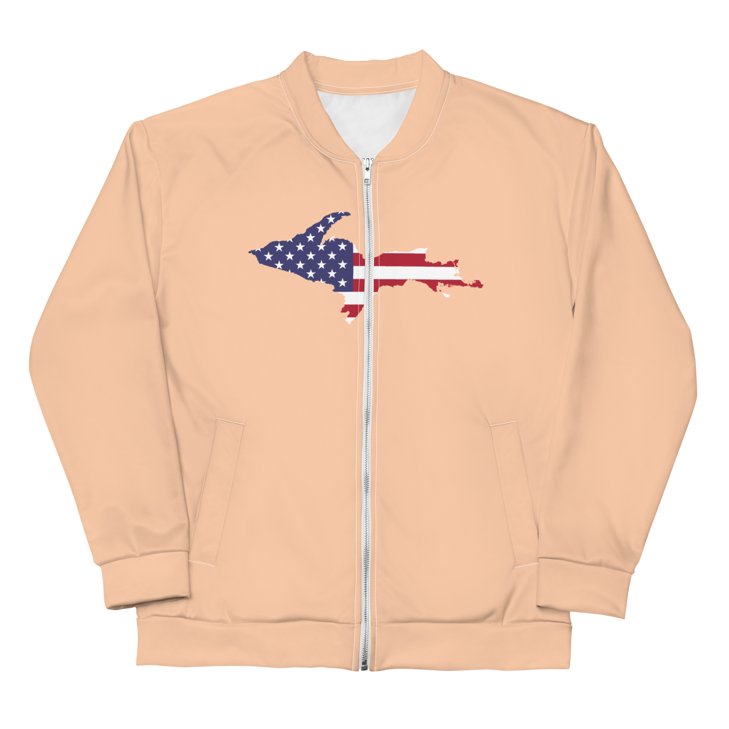 Michigan Upper Peninsula Bomber Jacket (w/ Large UP USA Flag Outline) | Peach Color