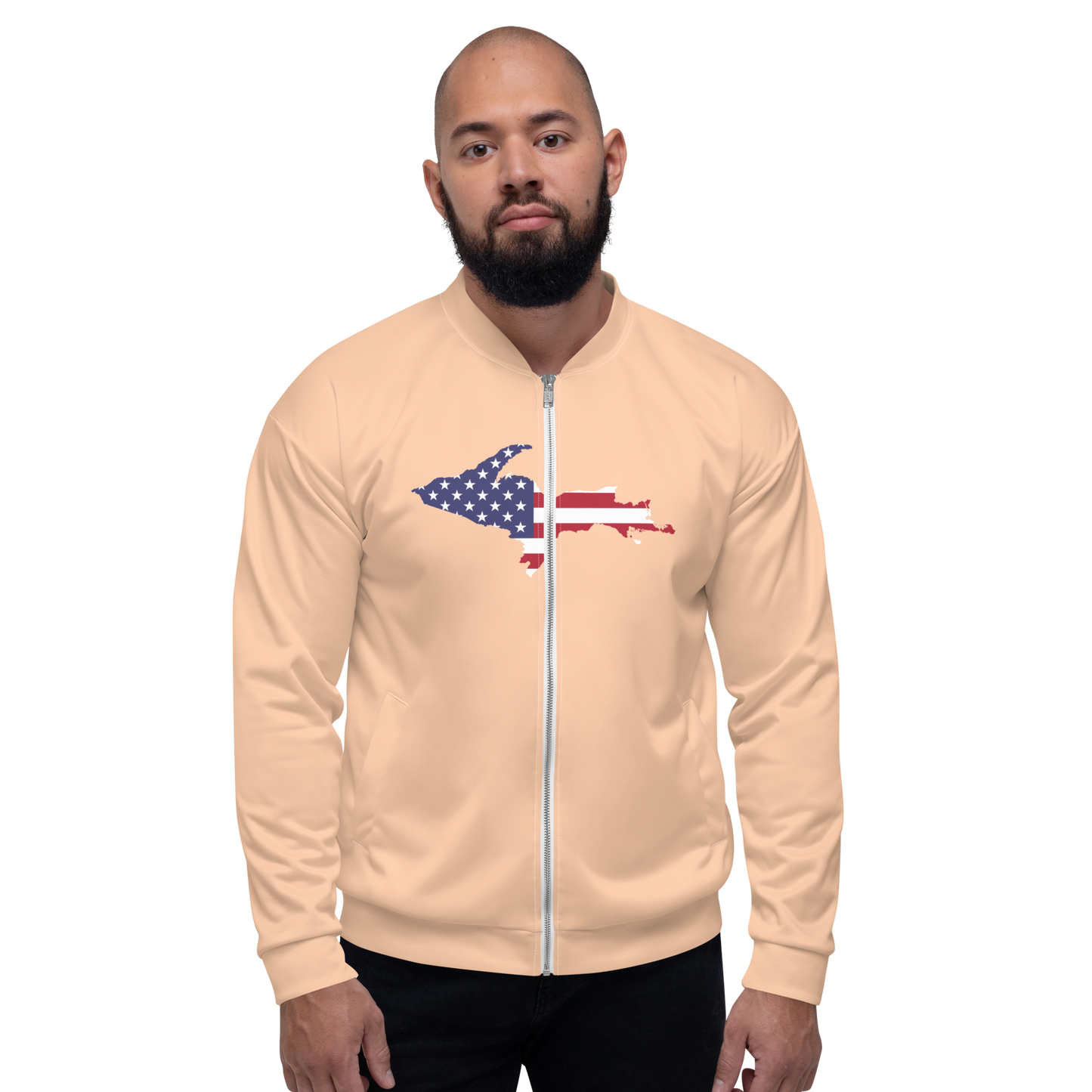 Michigan Upper Peninsula Bomber Jacket (w/ Large UP USA Flag Outline) | Peach Color