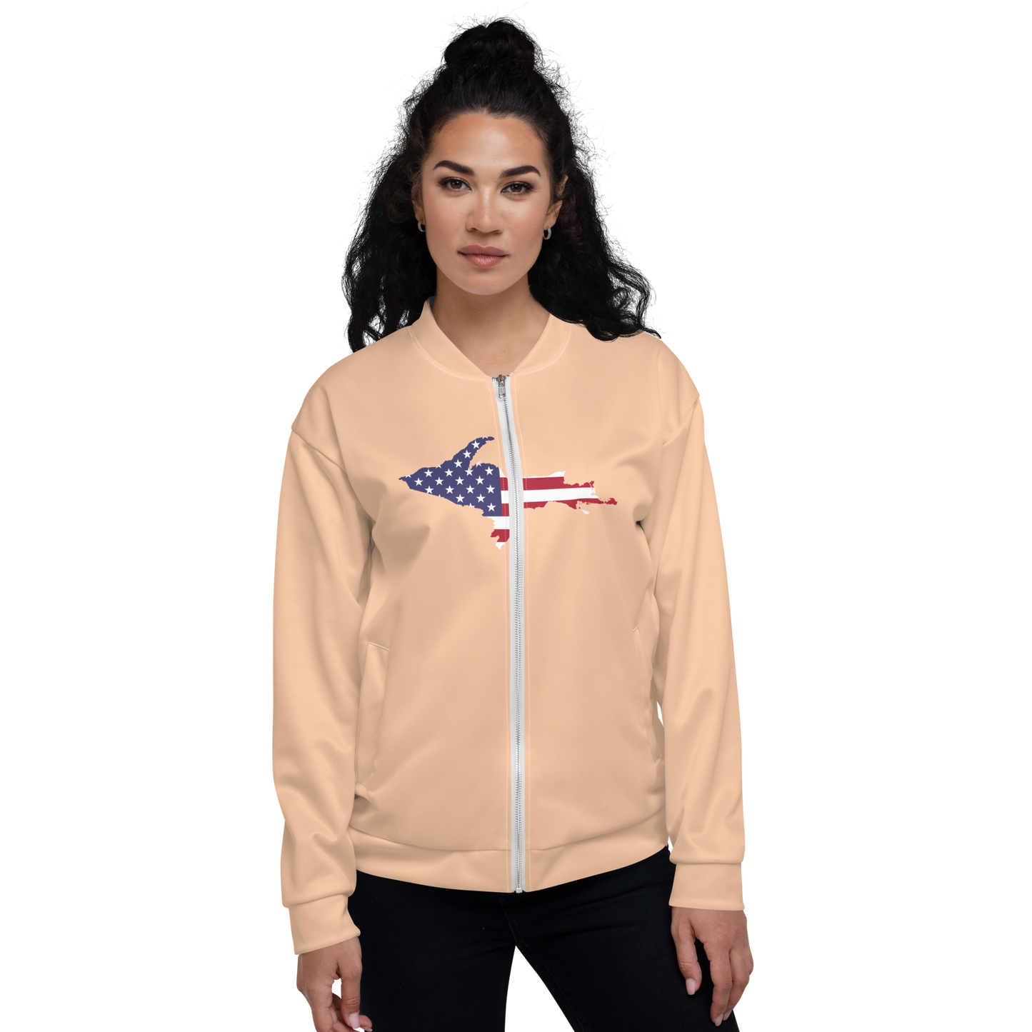 Michigan Upper Peninsula Bomber Jacket (w/ Large UP USA Flag Outline) | Peach Color