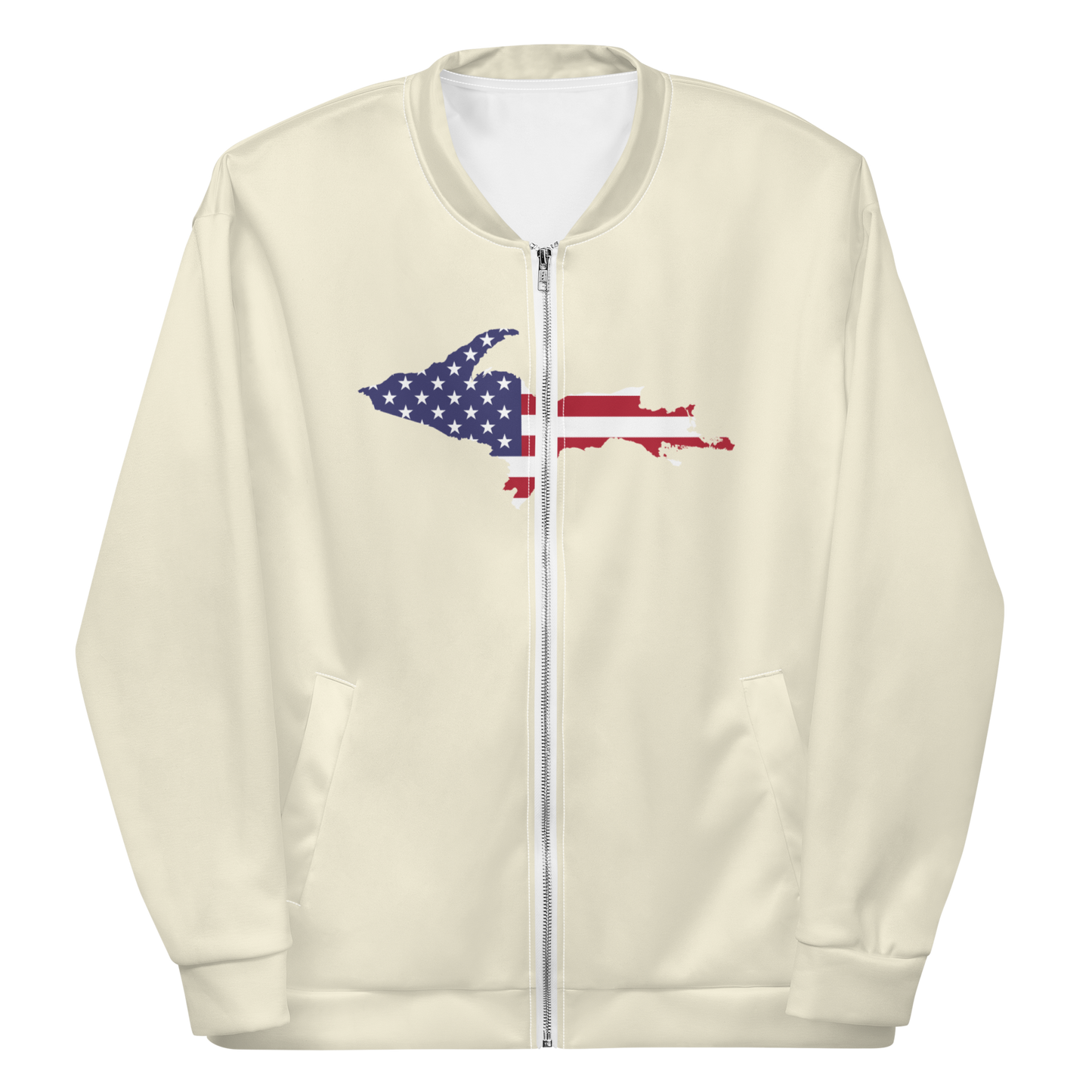 Michigan Upper Peninsula Bomber Jacket (w/ Large UP USA Flag Outline) | Ivory White