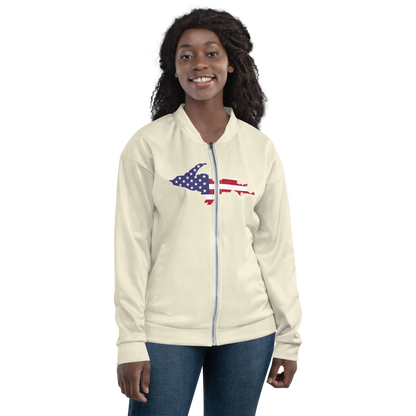 Michigan Upper Peninsula Bomber Jacket (w/ Large UP USA Flag Outline) | Ivory White