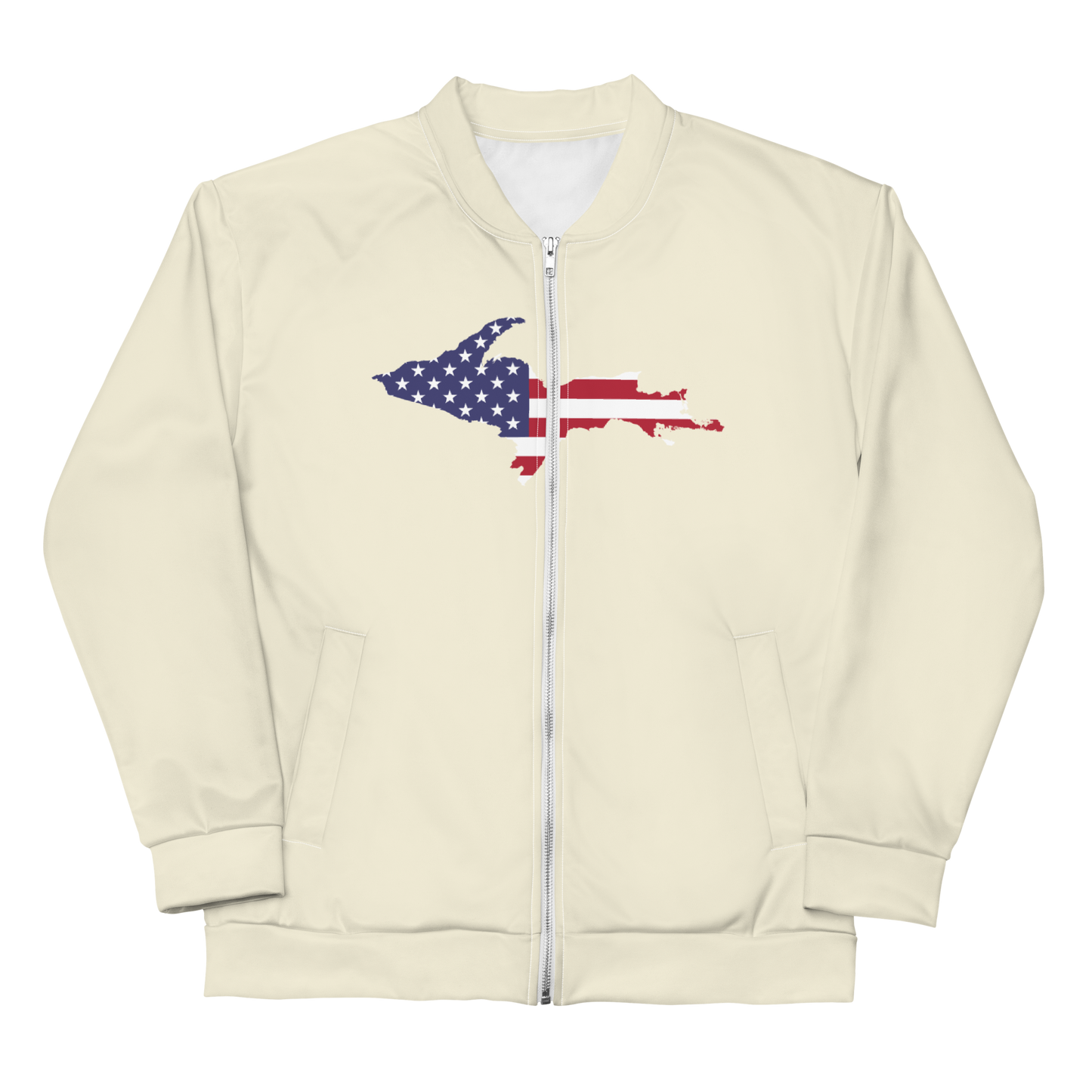 Michigan Upper Peninsula Bomber Jacket (w/ Large UP USA Flag Outline) | Ivory White