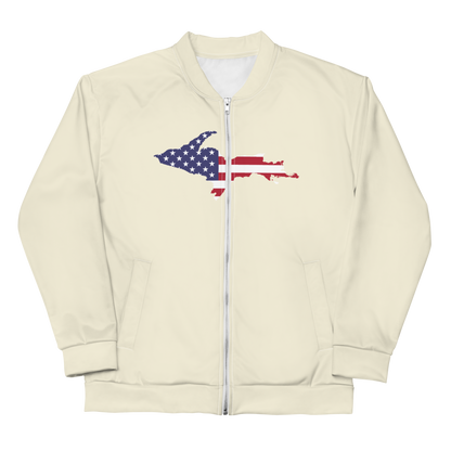 Michigan Upper Peninsula Bomber Jacket (w/ Large UP USA Flag Outline) | Ivory White