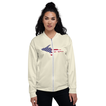 Michigan Upper Peninsula Bomber Jacket (w/ Large UP USA Flag Outline) | Ivory White