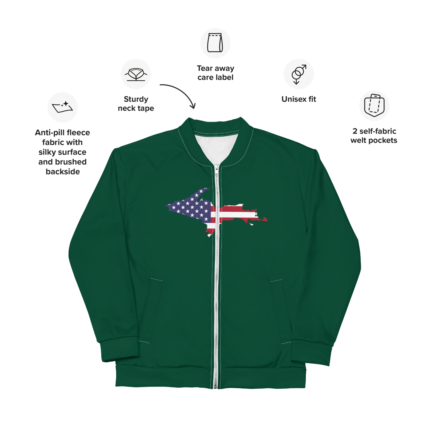 Michigan Upper Peninsula Bomber Jacket (w/ Large UP USA Flag Outline) | Green