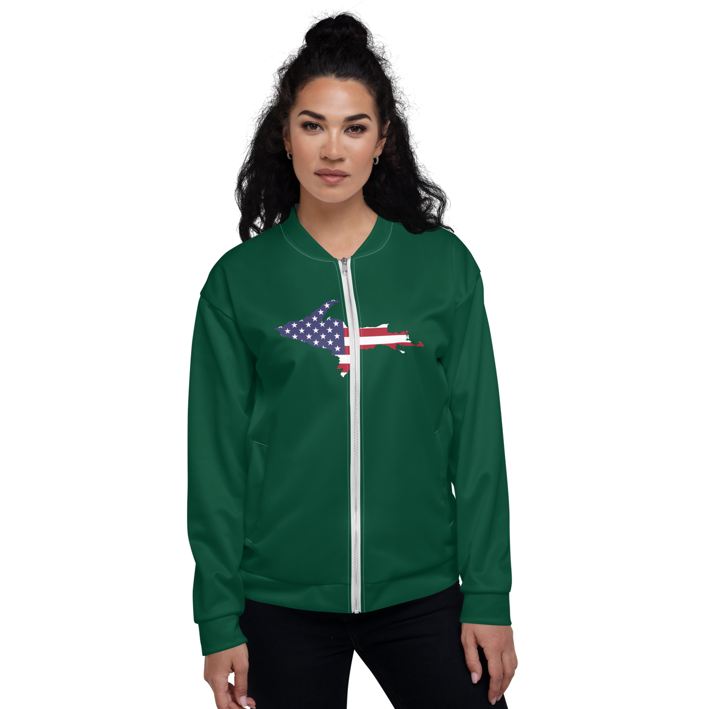 Michigan Upper Peninsula Bomber Jacket (w/ Large UP USA Flag Outline) | Green