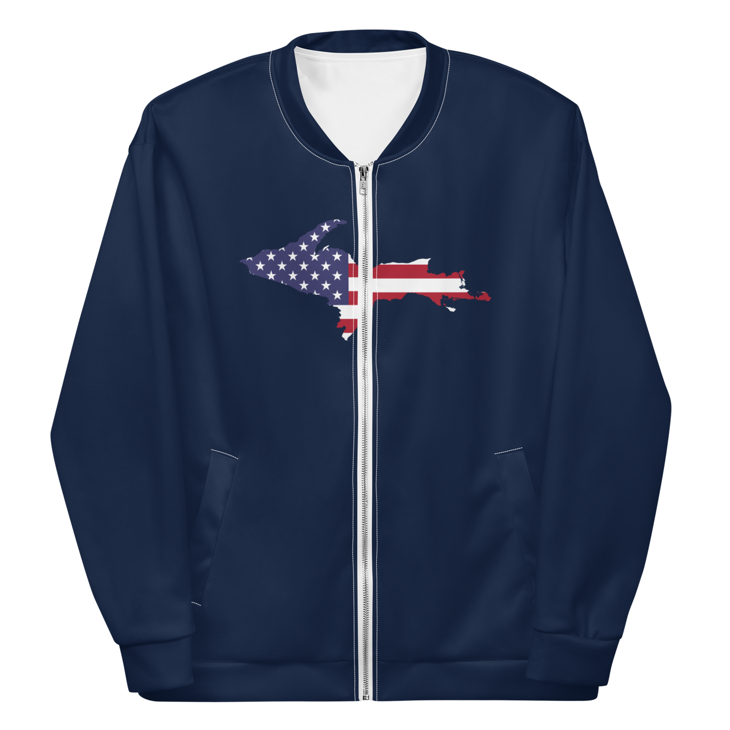 Michigan Upper Peninsula Bomber Jacket (w/ Large UP USA Flag Outline) | Navy