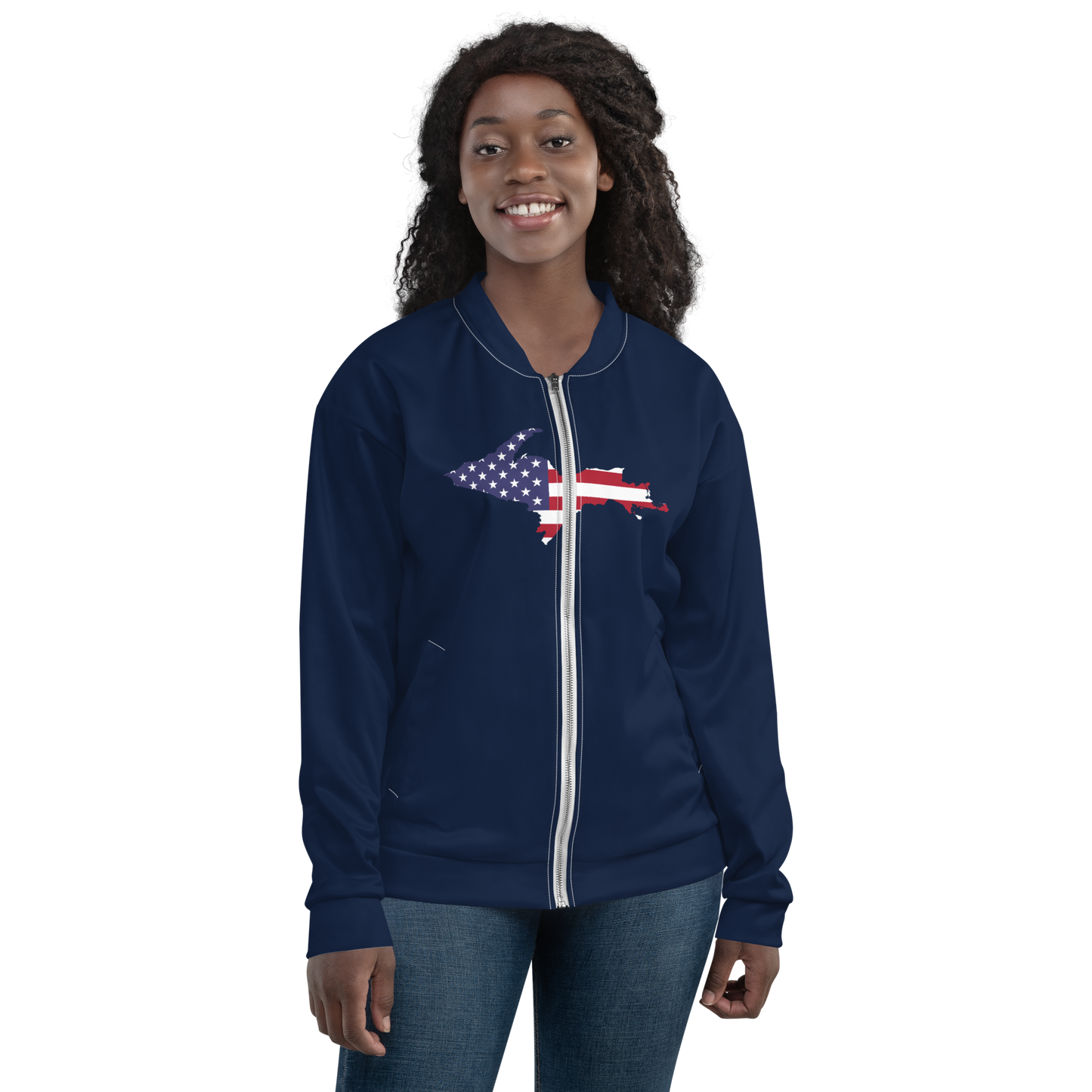 Michigan Upper Peninsula Bomber Jacket (w/ Large UP USA Flag Outline) | Navy