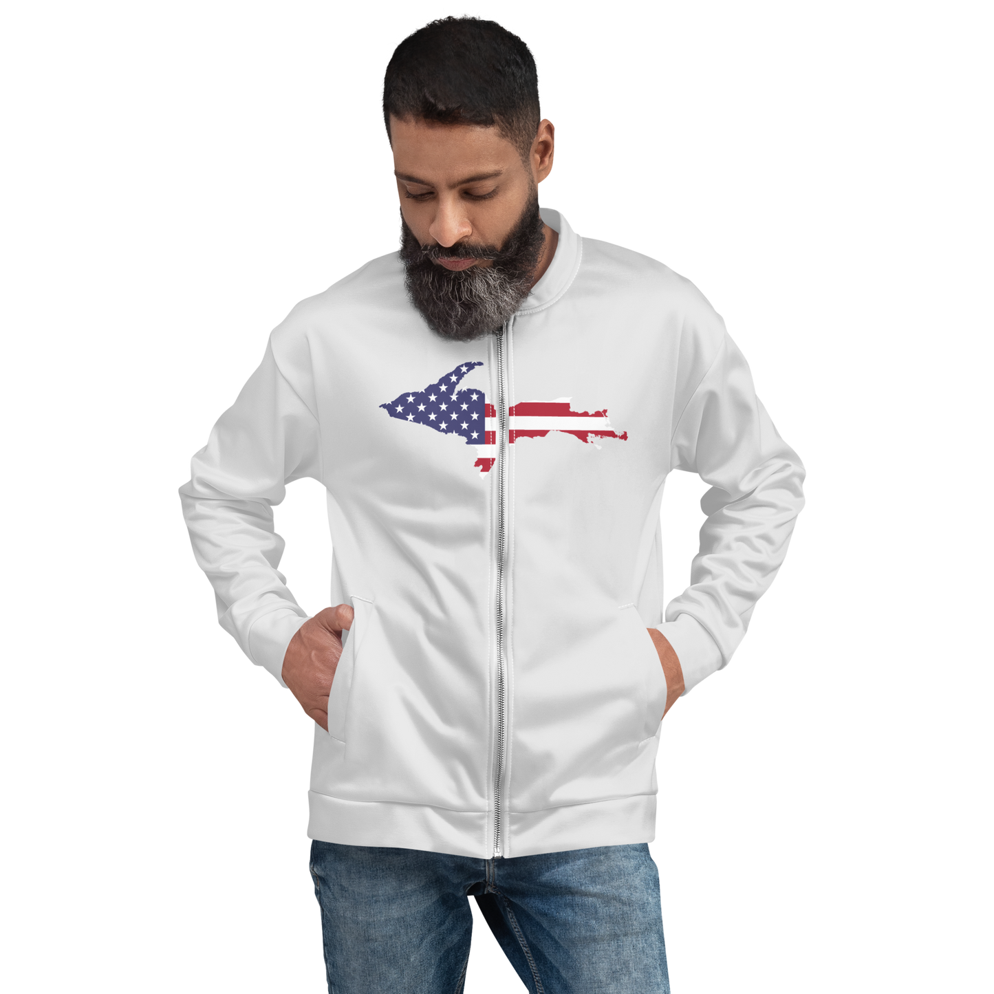 Michigan Upper Peninsula Bomber Jacket (w/ Large UP USA Flag Outline) | Birch Bark White